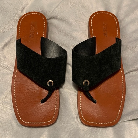 J. Crew Black suede and Brown leather Women's square toe thong flat Sandals 7 - Picture 1 of 3